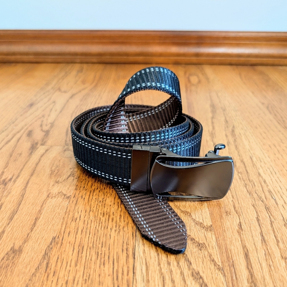 Men’s Reversible Black Brown Belt Flip Buckle Adjustable Ratchet Style No Holes